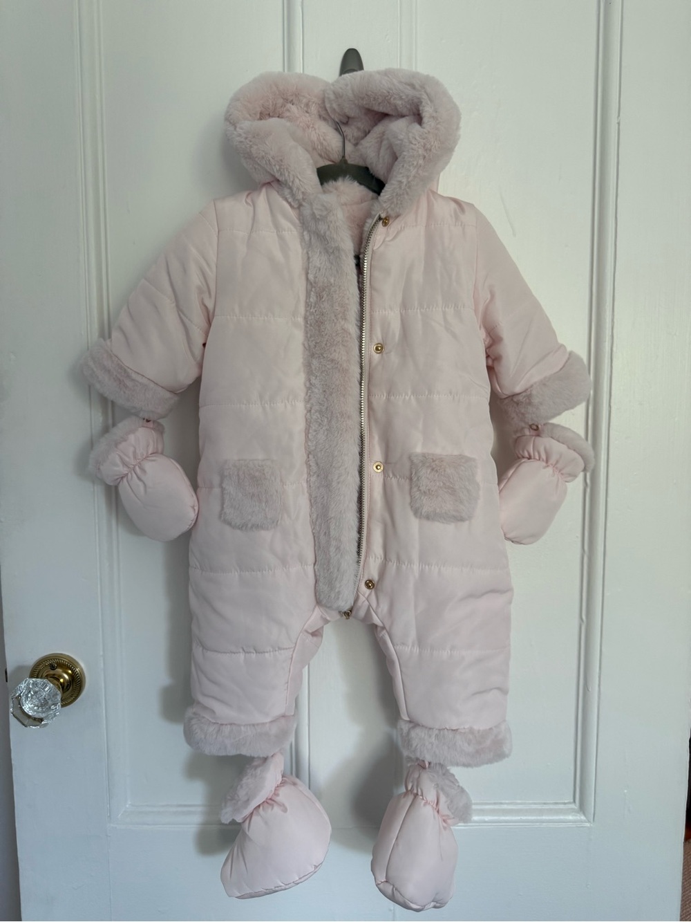 Tartine et Chocolat Baby Pink Faux Fur Lined Puffer Snowsuit